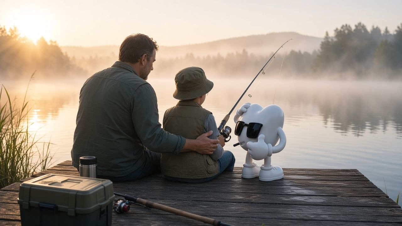 A father and child fishing at sunrise with the REMUS mascot holding the rod